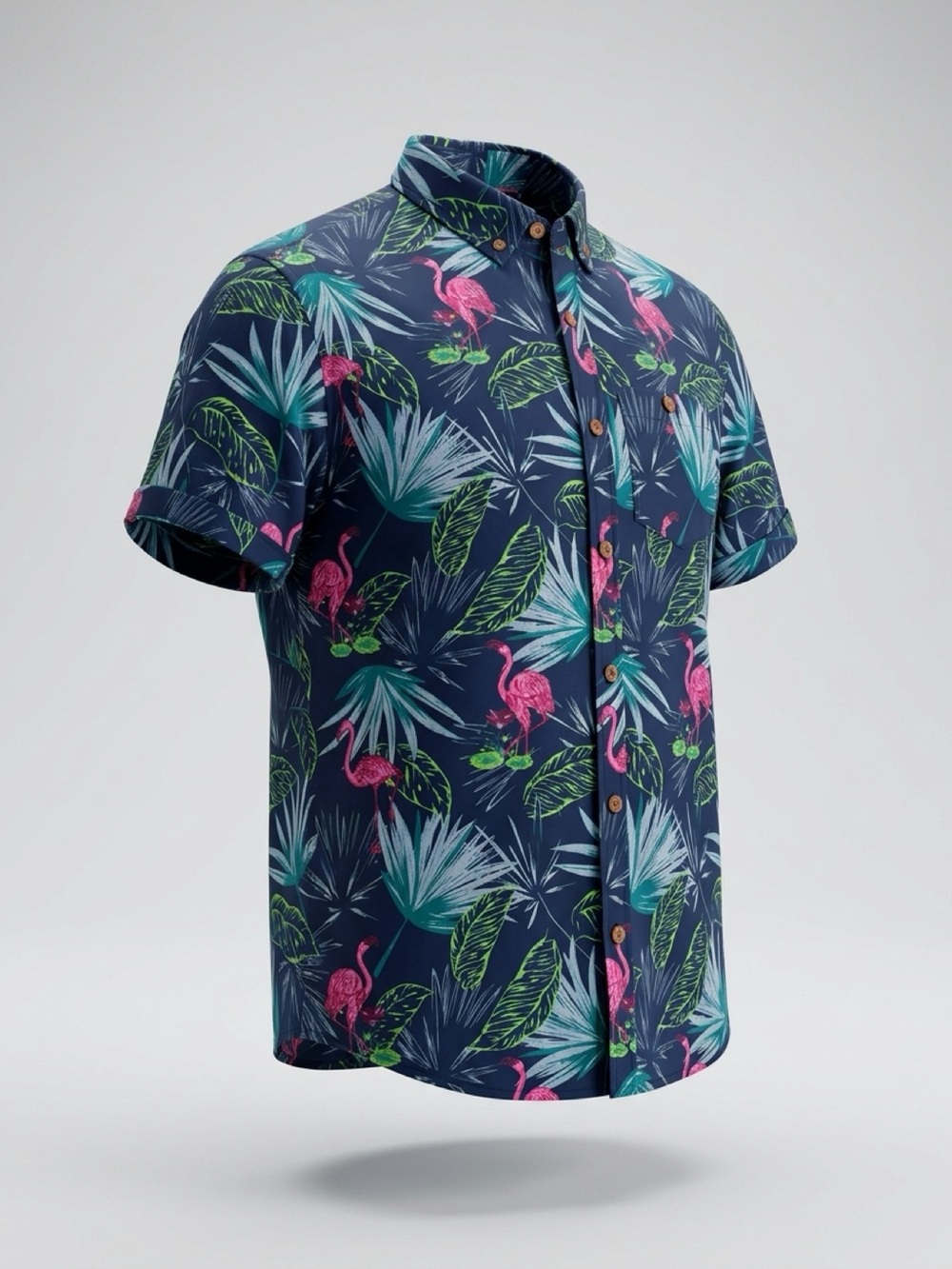 Alexander Julian Navy Short-Sleeve Button-Down with Pink Flamingo Print